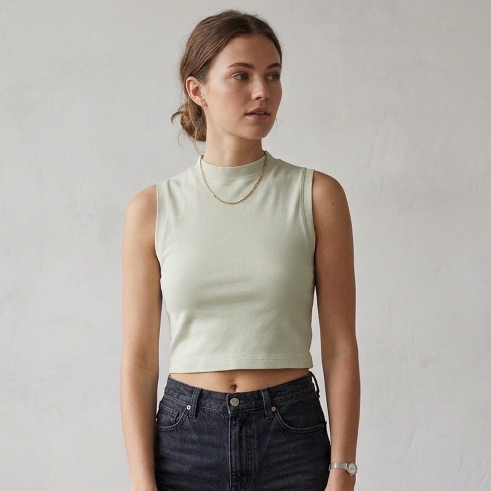 Skims Mock Neck Tank Top Women L Stretch Bone Cream Sleeveless Cropped Cotton